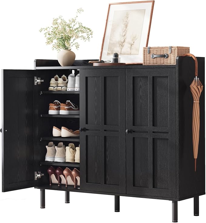 5+2 Tier Shoe Storage Cabinet with 3 Doors, 40" Tall Entryway Cabinet for 30 Pairs Shoe, Shoe Rack Organizer with 5 Adjustable Shelves & Metal Legs, Shoe Storage for Front Door Entrance, Black