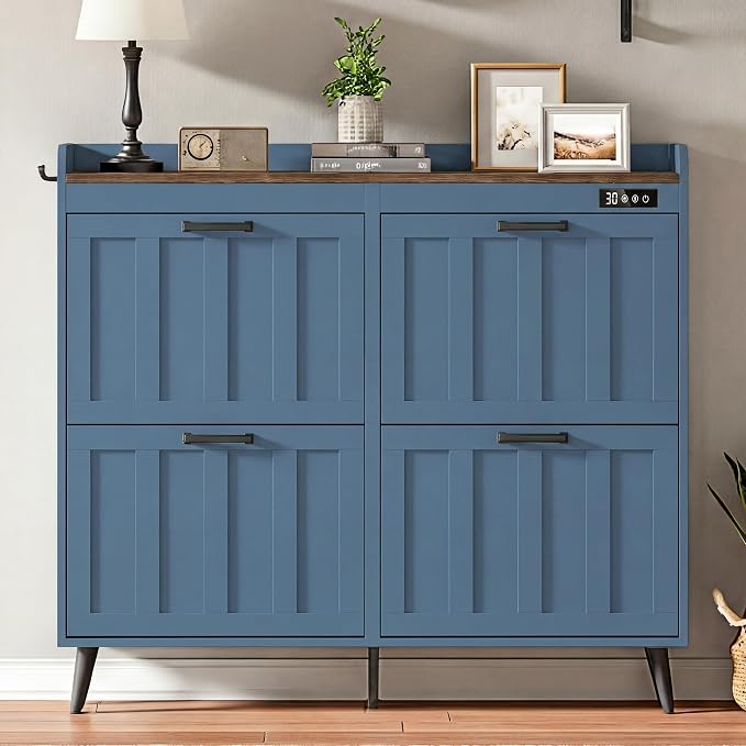 ChooChoo Shoe Storage Cabinet with 4 Flip Drawers, Deodorizing Shoe Organizer Storage for Entryway, Freestanding Hidden Slim Narrow Shoe Rack Cabinet, Blue