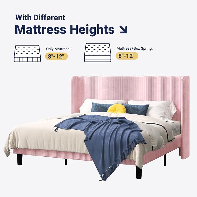 Allewie King Size Bed Frame with Upholstered Wingback Headboard, Vertical Channel Tufted Corduroy Velvet Platform Bed, Strong Wooden Slats Support, No Box Spring Needed, Easy Assembly, Light Pink