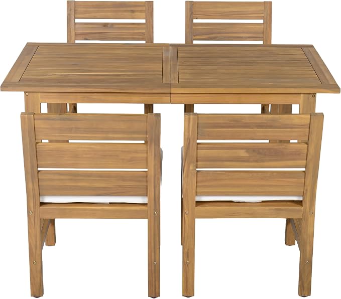 Quarte Premium 4-Piece Farmhouse Outdoor Dining Set in Solid Acacia Wood with Comfort Cushions and Adjustable Legs for Patio, Garden, Backyard (Beige+Natural5)