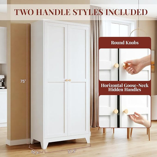 75" Metal Kitchen Pantry Cabinet with Dual Handles & Adjustable Legs, Freestanding Storage Cabinet with Doors and 5 Adjustable Shelves, Tall Food Pantry for Kitchen Dining Room, White