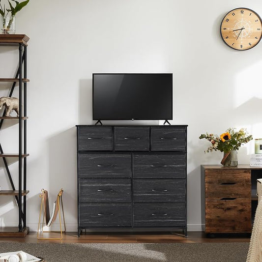 DUMOS 9 Drawer Dresser for Bedroom, Storage Organizer Chest of Drawers | Fabric Bins Storage Tower with Sturdy Metal Frame, Wood Tabletop for Closet, Black Wood