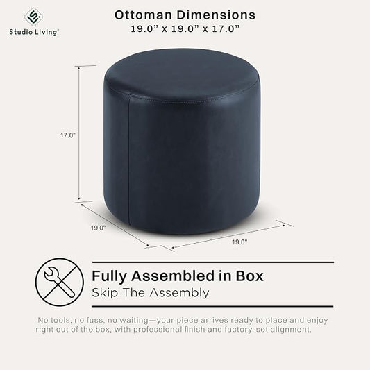 Studio Living® 19” Wentworth Ottoman Round Faux Leather Bench, Stationary Ottomans, Backless Chair, Footrest for Living Room, Footstool Office, Bedroom, Padded Seat, Navy Blue