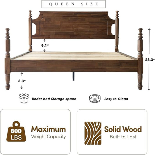 Solid Wood Queen Size Platform Bed Frame with Headboard & Footboard, Central Metal Legs, 12 Durable Slats Base, Anti-Slip & Noise-Free, Easy Assembly, No Box Spring Needed, Walnut Finish, ROQ-37