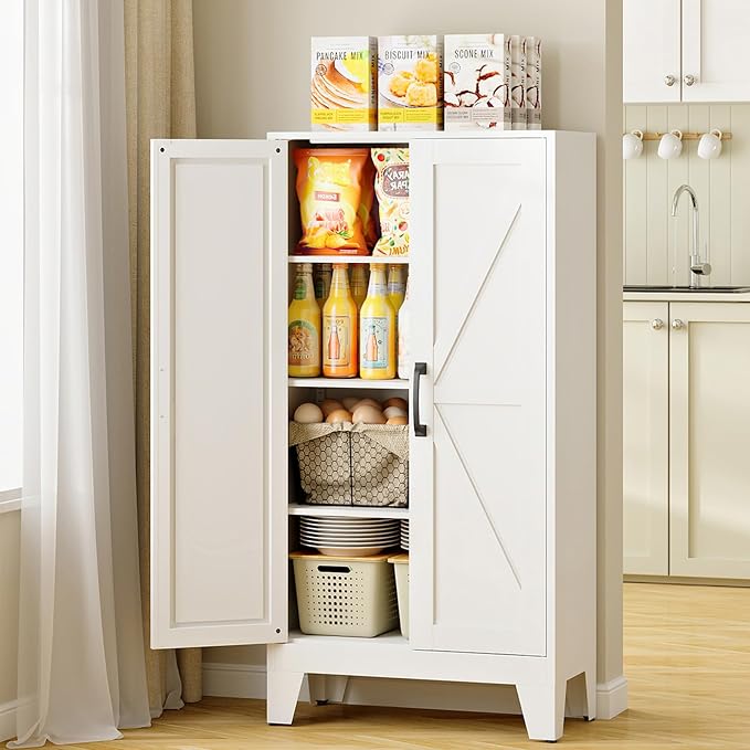 RAVIGIN Farmhouse Storage Cabinet,47" H Metal Pantry Cabinet with Barn Doors and Adjustable Shelves,47" H 4-Tier Rustic Pantry Organizers for Kitchen,Dining Room,White