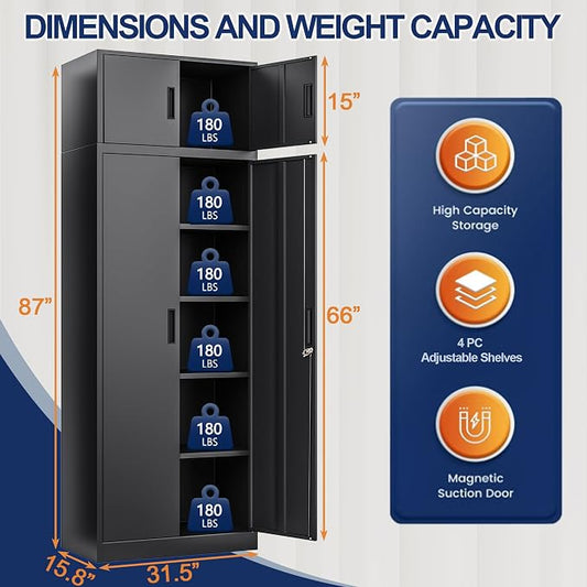 BESFUR Metal Storage Cabinet 87" H,Tall Locking Storage Cabinets with Top Cabinet and 4 Adjustable Shelves for Home Office, Garage,School, Apartment, Warehouse, Utility Room,Black