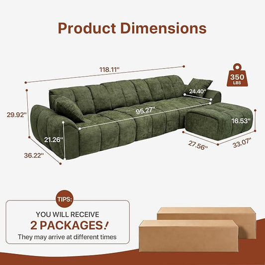 Claiks 118" Modern Boneless Couch, Corduroy Modular Cloud Sofa for Living Room, Deep Seat Sectional with Movable Ottoman, No Assembly Required, Green