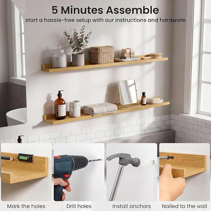 Axeman Picture Ledge Shelf | 20 Inch Floating Shelves Set of 4 | Oak Wall Shelves with Lip | Oak Picture Shelf for Wall with Ledge | Wood Photo Ledges for Living Room Bedroom