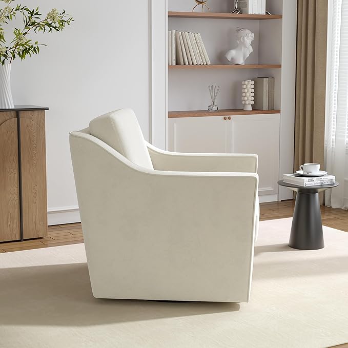Swivel Accent Chair, Comfy Chenille Swivel Chair with Deep Seat, Upholstered Club Armchair with 360 Degree Rotation Base, Single Sofa Reading Chair for Living Room Bedroom, Beige