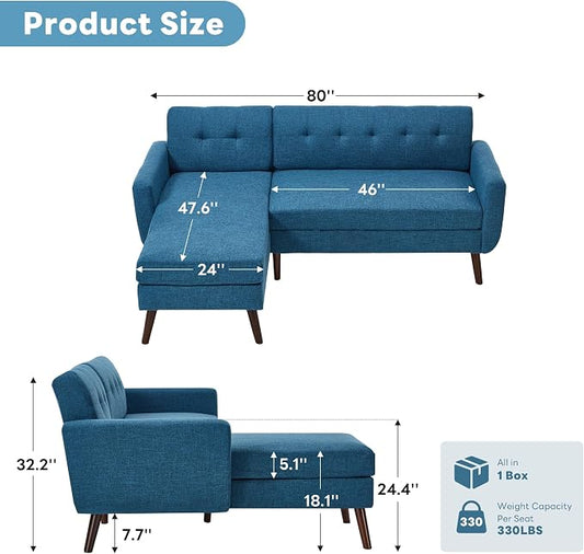Kingfun L Shaped Couch, 80" W Mid-Century Modern Sofa, Sectional Couches, 3 Seater Sofas with Wide Chaise Lounge, Button Tufted Upholstered Sectional Sofa for Living Room, Bedroom, Blue