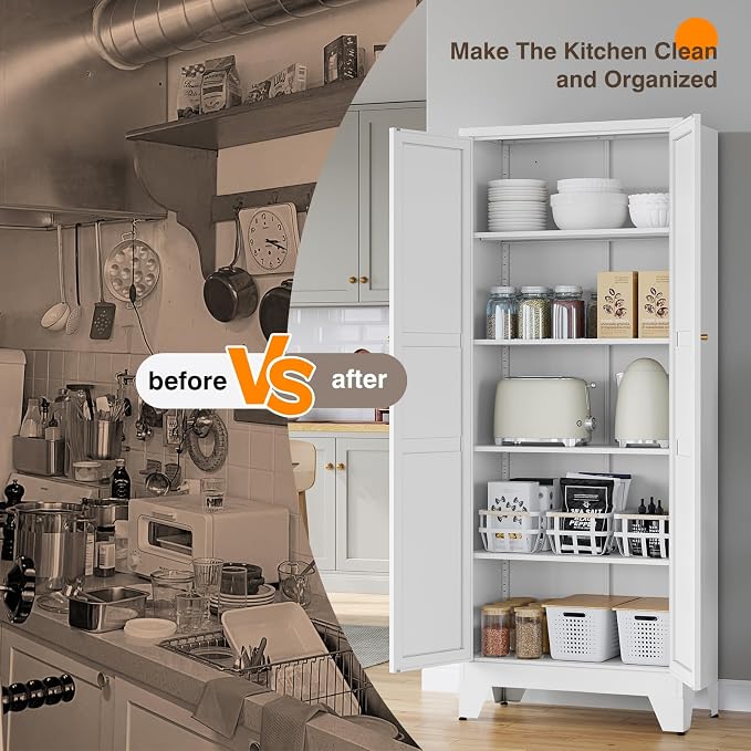 Yizosh Metal Pantry Cabinet,- 72" White Kitchen Pantry Storage Cabinet with Doos and Adjustable Shelves for Kitchen, Living Room,Dining Room,Home