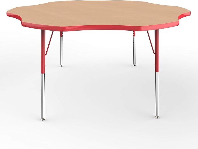 FDP Flower Activity School and Office Table (60 inch), Standard Legs with Swivel Glides for Collaborative Seating Environments, Adjustable Height 19-30 inches - Maple Top and Red Edge