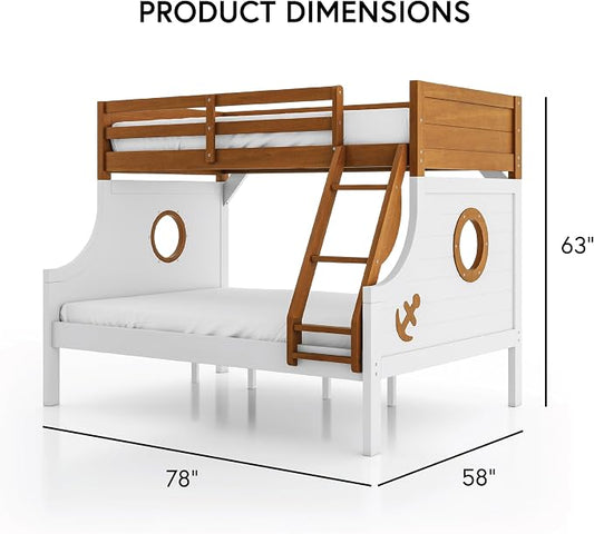 Furniture of America Kirsen Modern Solid Wood Twin Over Full Bunk Bed, No Box Spring Required, Boat Theme, for Kids, Boys, Girls, Bedroom, Dorm, Oak/White, No Trundle