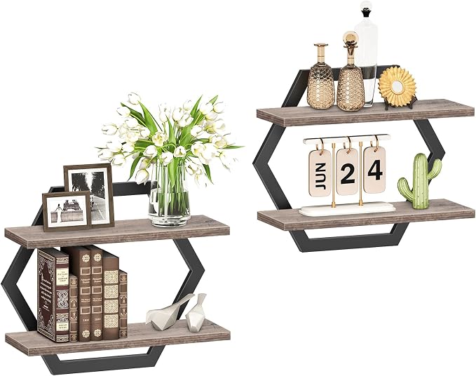 CHOEZON Hexagon Floating Shelves for Wall, Set of 2, 2 -Tier Hanging Shelves, Wall Mounted Storage Shelves, for Living Room, Bedroom, Kitchen, Home Office, Study, Greige TBJ06P2BG