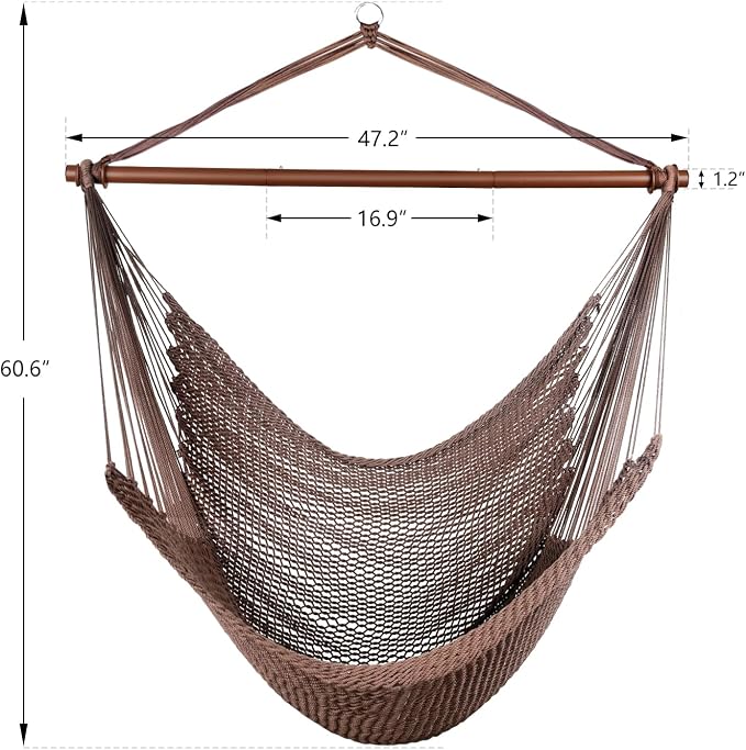 Upgraded Caribbean Hammock Chair with Detachable Metal Bar, Large Hammock Swing Chair, XL Rope Hanging Chair for Outdoor Indoor, 330 LBS Weight Capacity, SaddleBrown