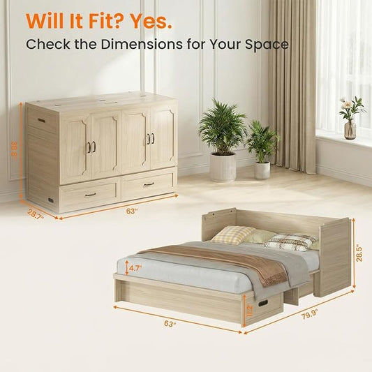 CECER Queen Murphy Bed with Mattress for Small Space/Guest-Natural Wood | Large Storage Drawer & Built-in Multi-Port Charging Station,Space Saving & Easy Assemble and Conversion