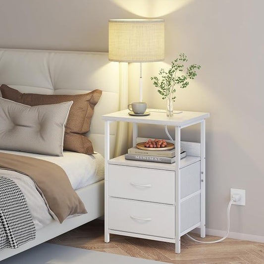 Fixwal Night Stand with 3 Color Temperature Bulb Attached, Nightstand with Light & Charging Station End Table with Fabric Drawer for Bedroom, Dorm, White