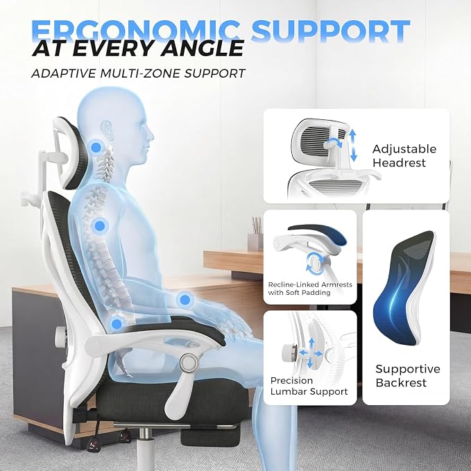 CYKOV Ergonomic Office Chair with Footrest - Adjustable Lumbar Support & Headrest, 90-135° Reclining Mesh Back Computer Chair - Home Office/Gaming, 350lbs Capacity