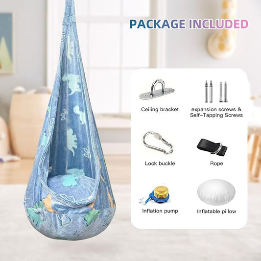 Kids Pod Swing Seat, Flannel Sensory Swing Chair Nightglow with PVC Inflatable Cushion, Hanging Hammock Chair for Indoor&Outdoor Use (Blue (Dinosaur))