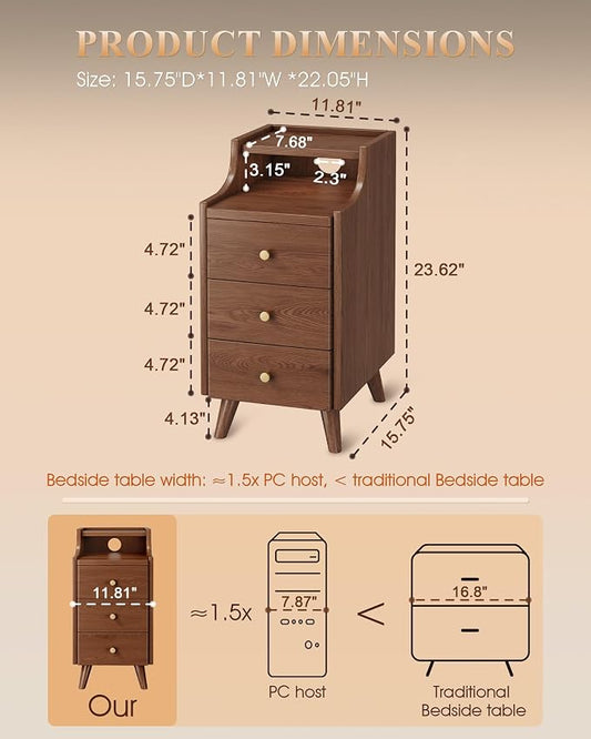 Narrow Nightstand with Drawers, 11.8" Solid Wood Nightstand with Open Shelf & Cable Hole, Modern Night Stand Slim Bedside Table for Small Spaces, Bedroom, Study