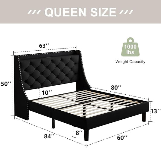 Feonase Queen Bed Frame with Luxury Wingback Upholstered Button Tufted Storage Headboard, Queen Platform Bed with Charging Station, Sturdy Wooden Slats Support, Noise-Free, Easy Assembly, Black