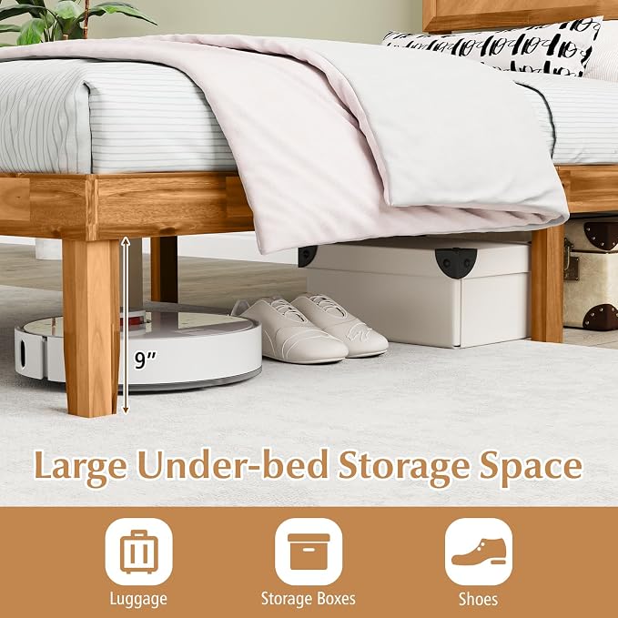 KOMFOTT Twin Size Wood Bed Frame with Headboard, Solid Acacia Wood Platform Bed Frame, Wooden Slats Supported Bed Base with Under-Bed Storage Space, No Box Spring Needed Mattress Foundation