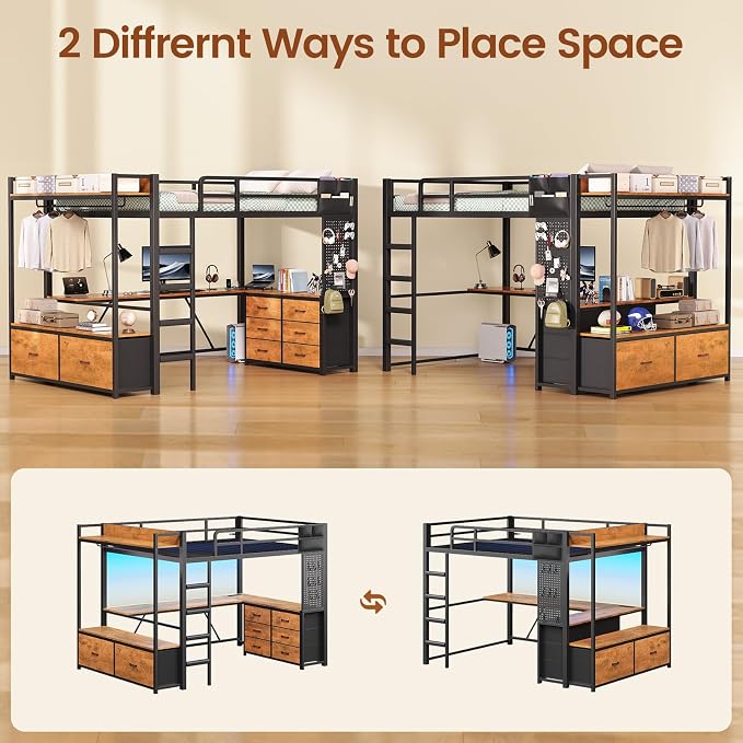 Itaar Twin Loft Bed with L-Shaped Desk & 8 Storage Drawers, Metal Kids Twin Loft Bed with Led Lights, Charging Station, Hall Tree, Safety Guard & Ladder, No Box Spring Needed, Rustic Brown