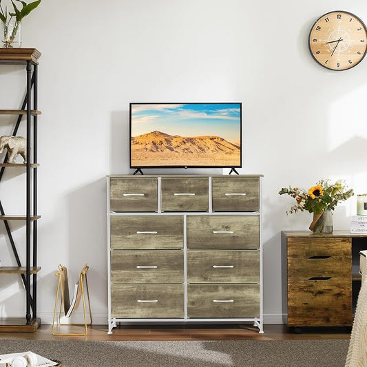 DUMOS 9 Drawer Dresser for Bedroom, Storage Organizer Chest of Drawers | Fabric Bins Storage Tower with Sturdy Metal Frame, Wood Tabletop for Closet, Gold