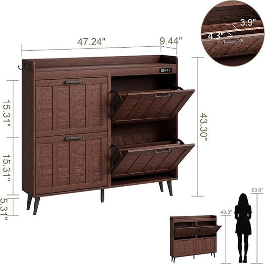 ChooChoo Shoe Storage Cabinet with 4 Flip Drawers, Deodorizing Shoe Organizer Storage for Entryway, Freestanding Hidden Slim Narrow Shoe Rack Cabinet, Walnut