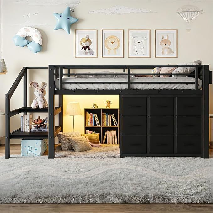 Bellemave Low Loft Bed Twin Size with Storage Stairs and Drawers, Metal Twin Loft Bed for Kids with LED Lights and Shelves, Low Profile Loft Bed Frame for Small Rooms, No Box Spring Needed, Black