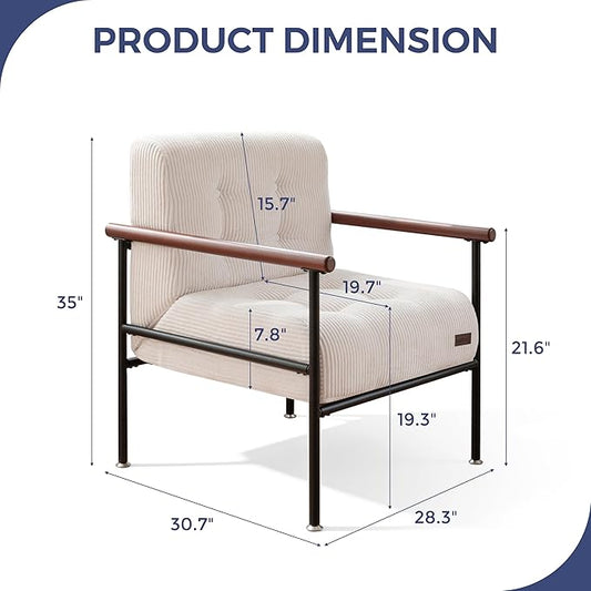 MAXYOYO Living Room Accent Chair, Modern Chair with Sturdy Metal Frame & Wood Armrests, Upholstered Reading Chair with Upholstered Cushion for Bedroom Balcony Porch, Beige