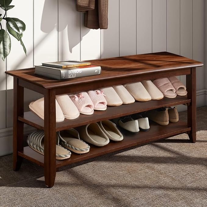 Dewfig Shoe Bench with Storage for Entryway, 48", Shoe Rack Bench with 3-Tier Organizer Shelf for Hallway, Bedroom, Living Room, Solid Wood, Holds Up to 550Lbs, Dark Brown