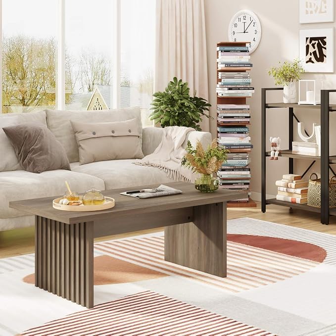 BON AUGURE 43 Inch Coffee Table, Fluted Wood Living Room Tables, Rectangle Gray Coffee Tables for Living Room, Grey Center Table for Home, Office (Greige Oak)