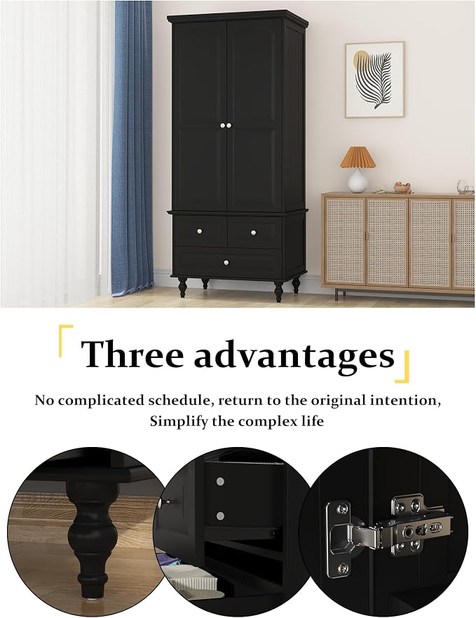 Bedroom Wardrobe Cabinet with 2 Doors, Wood Armoire Closet with Hanging Rod, Wardrobe Closet with 3 Drawers & Multi-Shelves for Clothes Organize, Black (19.7" D x 31.5" W x 70.9" H)