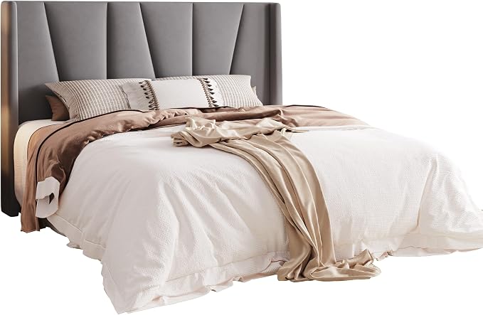 Allewie Queen Size Platform Velvet Bed Frame with Geometric Wingback Headboard, Boho Upholstered Bed with Wooden Slats Support, No Box Spring Needed, Easy Assembly, Light Grey