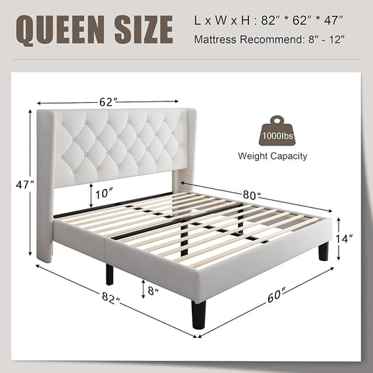 Einhomn Queen Size Platform Bed Frame with Velvet Upholstered Wingback Headboard, 10" Under Bed Space, Wooden & Metal Slats Support, No Box Spring Needed, White