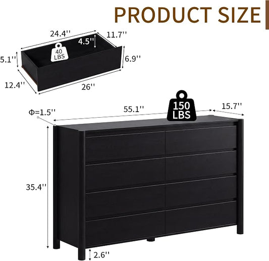 CHUWELL 3-Piece Bedroom Dresser Set-8 Drawer Dresser & 2 Nightstands,55" Wide Black Dresser and Night Stands Set with Solid Wood Cylindrical Legs