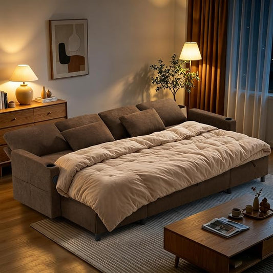 110" U-Shape Reversible Sectional Sofa Bed w/USB Port, Light Brown | Upholstered Sleeper Couch w/Adjustable Backrest and Storage Chaises, Chenille Modern Sofa w/Pull-Out Bed for Living Room