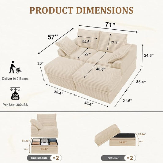 Upgrade Boneless Couch with Storage, Extra Deep&High Seat Modular Sectional Sofa 2 Seater Loveseat Sofa with Ottoman, Tool-Free Assembly Sectional Couches for Living Room Bedroom Apartment