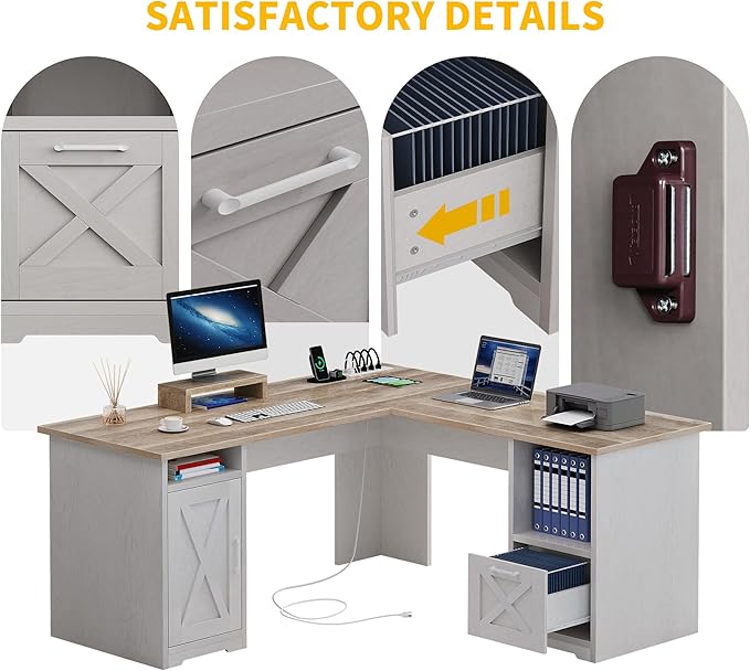 DWVO L Shaped Desk with File Drawer, 60" Corner Computer Desk with Power Outlets, Home Office Desk with Monitor Stand & Storage Shelves & File Cabinet, Grey Wash