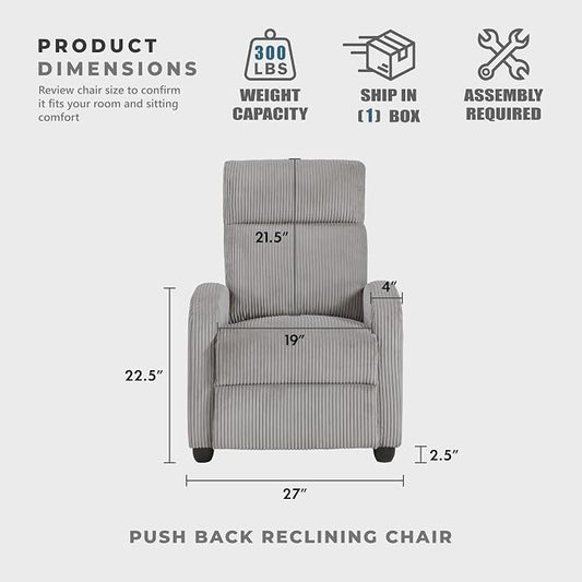 Lexicon Corduroy Pushback Recliner Chair Armchair Push Back Recliner, Solid Wood Frame and Metal Base, Easy Assembly Small Soft Single Sofa Accent Chair for Living Room/Office/Apartment, Light Grey