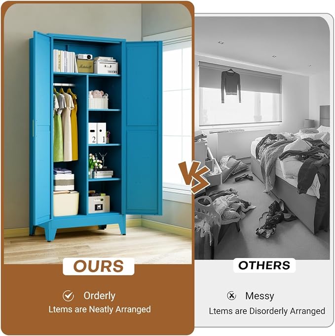Metal Wardrobe Closet with Doors, 71" H Armoire Wardrobe Closet with 3 Adjustable Shelves and Hanging Rod, Steel Clothing Storage Cabinet for Bedroom, Home, Employee, Gym, Office, Blue