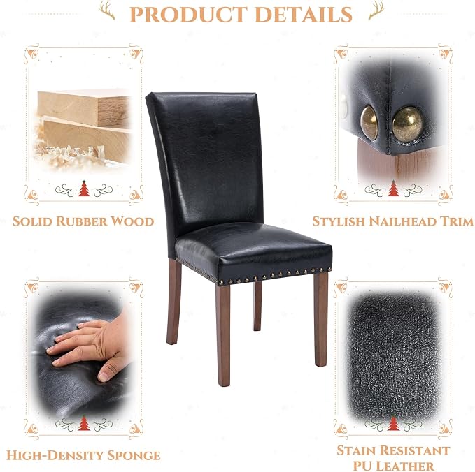 Parsons Dining Chairs Set of 6, Upholstered Nailhead PU Leather Dining Room Kitchen Side Chair with Thick Cushions and Wood Legs, Black