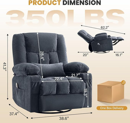 Swivel Recliner Chair for Adults with Vibration Massage and Lumbar Heat , Oversized Ergonomic Rocking Chair for Living Room and Bedroom, Featuring Side Pocket, 2 Cup Holders & USB Charge Port