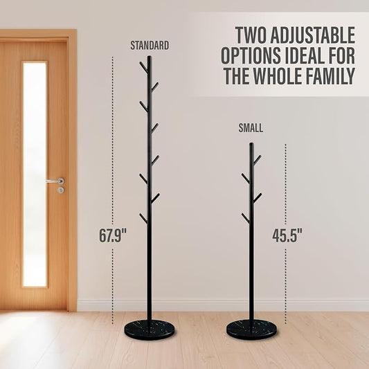 Coat Rack with Real Marble Base, Freestanding Metal Clothing Rack with 8 Hooks, Modern Hall Tree for Entryway, Bedroom & Office, Space Saving Coat Hanger Stand for Small Spaces (Black)