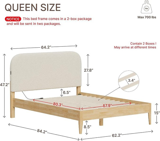 KISLOT Wood Bed Frame with USB & Type-C Charging, Boucle Platform Bed with Upholstered Headboard Mattress Foundation No Box Spring Needed Easy Assembly