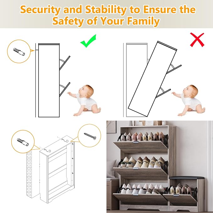 BORNOON Slim Shoe Cabinet with Bench for Entryway, Hidden Storage and Adjustable Shelves, Free Standing Wooden Shoes Organizer for Hallway, Foyer
