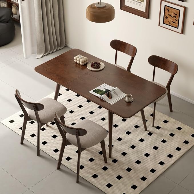 47’’-63’’ 100% Oak Extendable Dining Table and Chairs Set for 4, Solid Wood Folding Kitchen Table, Mid Century Modern Dinner Table for Kitchen, Apartment, Living Room (47''-63''+4 Cushion Chairs)