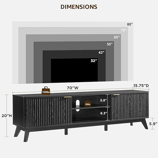 OKD 70" Mid Century Modern Fluted TV Stand, Entertainment Center, Sideboard, Media Console for Living Room with 2 Soft Close Door/Adjustable Shelves (Black Oak)