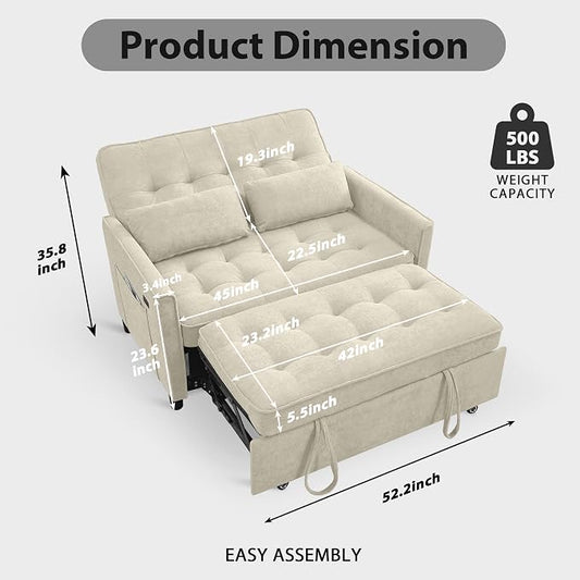 3 in 1 Convertible Sofa Bed, Pull Out Couch with Side Pocket, Sleeper Sofa with Adjustable Backrest | USB Charging Port | Two Pillows | Fabric | Ivory
